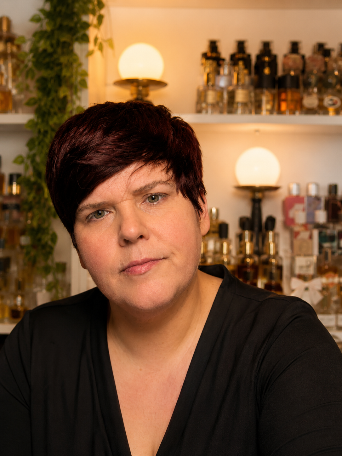 Beth, the owner of Subjectively Beth Decants in a setting with shelves of bottles.