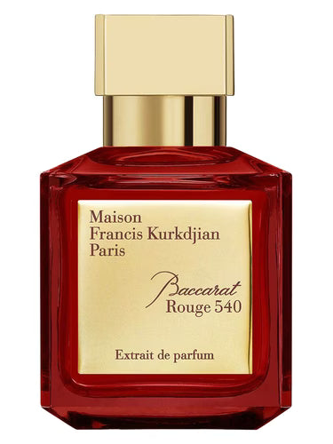 Red perfume bottle with gold cap and label on a white background