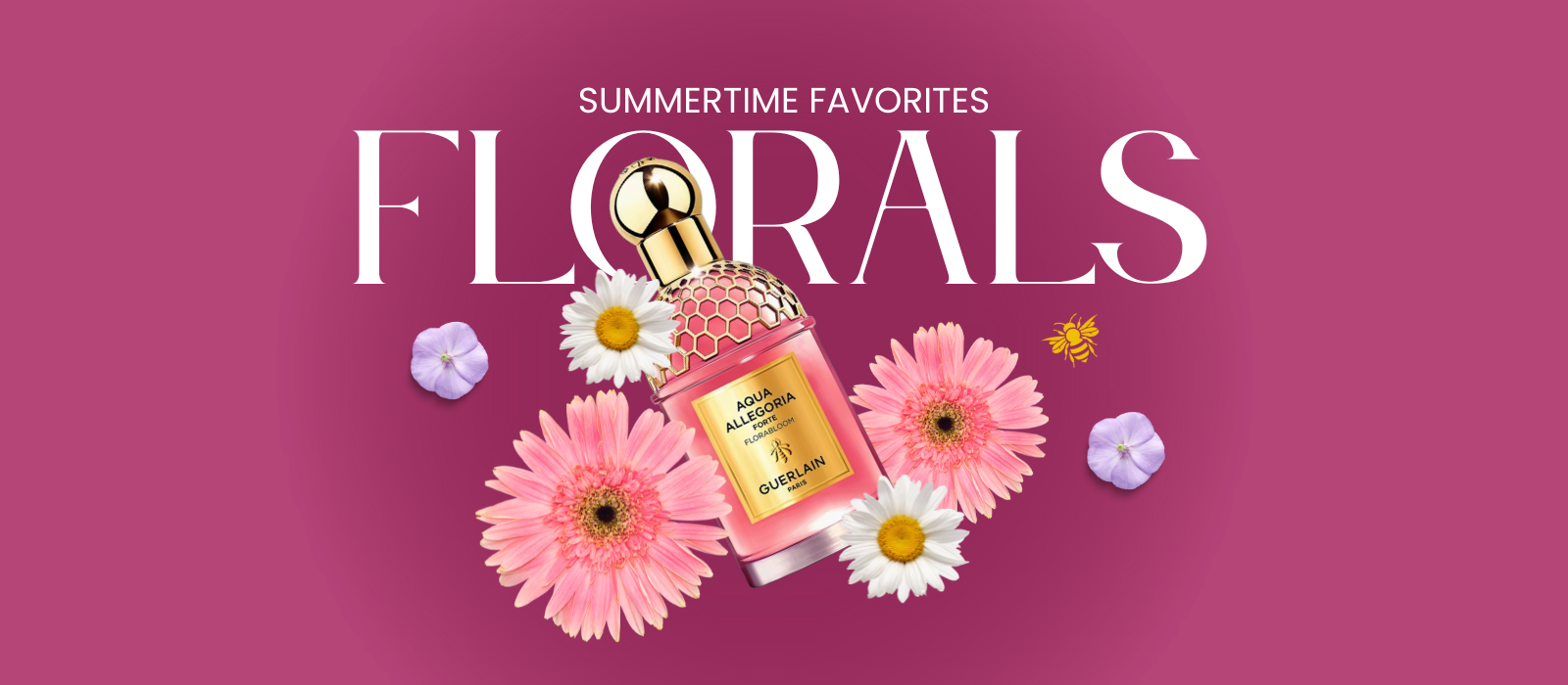 Perfume bottle with flowers on a pink background, featuring 'Summertime Favorites Florals' text.
