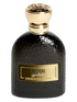 Black perfume bottle with gold cap and label on a black background